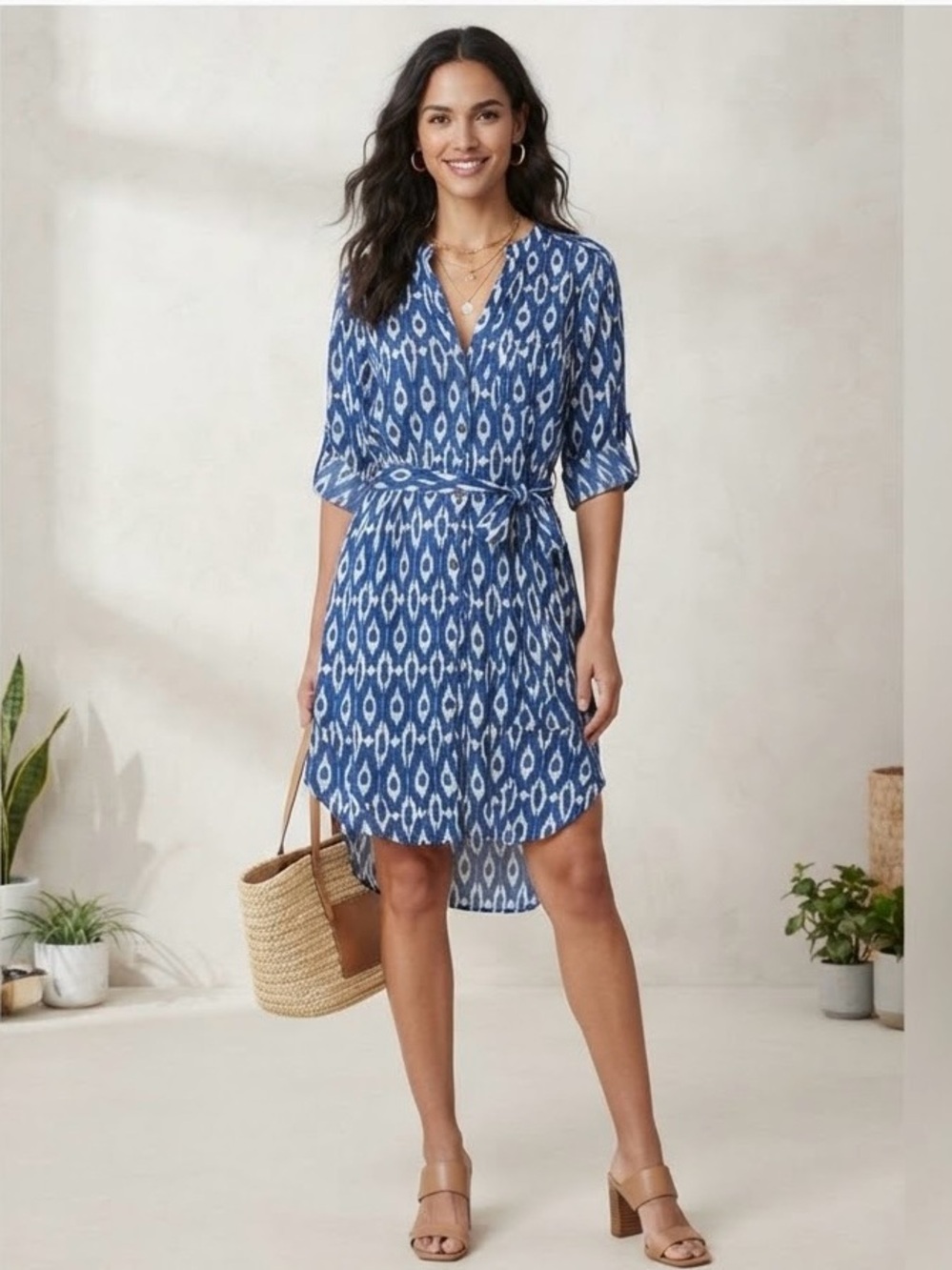 Anthropologie Maeve Blue Ikat Print V-Neck Tie-Waist Shirtdress XS